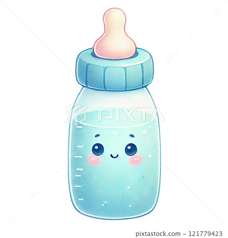 Cute baby bottle with a smiling face, perfect for baby-related themes. Baby shower clipart cartoon. 121779423