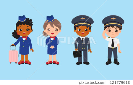 Cute woman and man flight attendant. Pilot and steward costume 121779618