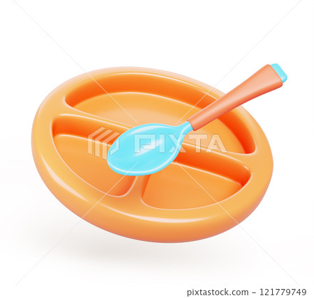 3d baby plate with dividers and spoon for feeding kid. Empty children dish of plastic or silicone with sections for food. Cartoon render kitchen utensil isolated on white background. 3D illustration 121779749