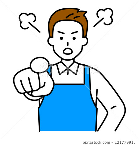 A man in an apron pointing and getting angry 121779913