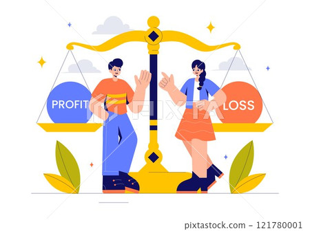 Profit and Loss Vector Illustration Featuring Investment Gains, Earnings, Money Loss, and a Businessman Investor Balancing on a Seesaw with an Arrow Profit and Loss Vector Illustration Featuring Investment Gains, Earnings, Money Loss, and a Businessman Investor Balancing on a Seesaw with an Arrow 121780001