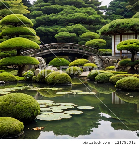 Traditional Japanese garden with a wooden bridge over a serene pond.  121780012