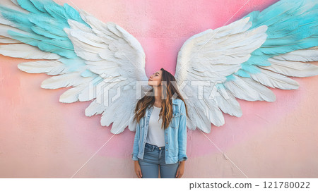 Angel Wings Mural and Female Portrait 121780022
