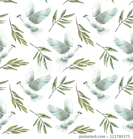Pigeon and green olive branches seamless pattern. White flying dove bird, symbol of peace. Watercolor Hand drawn illustration for Easter, baptism, packaging, wallpaper on Isolated white background 121780173