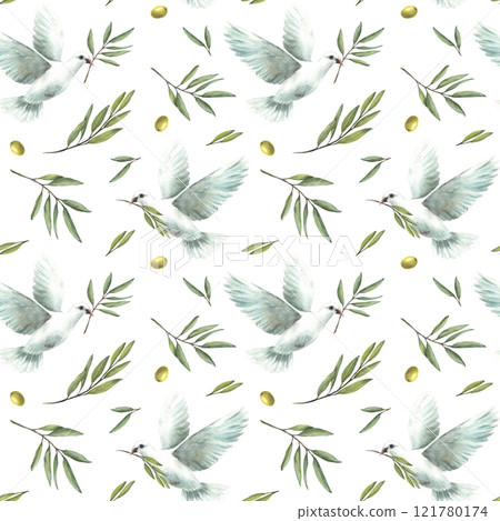 Pigeon with olive tree branch, green leaves and berries. Watercolor seamless pattern. White flying dove bird Hand drawn illustration for wedding, Baptism, religious fabric on isolated white background 121780174