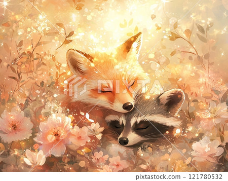 A soothing spring scene with adorable foxes and raccoons 121780532