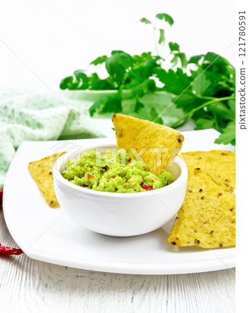 Guacamole in bowl on light board Guacamole in bowl on light board 121780591