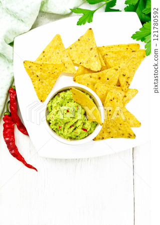 Guacamole in bowl on light board top Guacamole in bowl on light board top 121780592