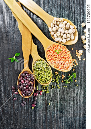 Lentils with chickpeas and beans in spoons on board top Lentils with chickpeas and beans in spoons on board top 121780605