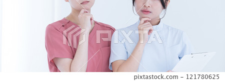 Image of a doctor who nursed a patient with his hand on his chin in a thinking and worried pose, no face 121780625