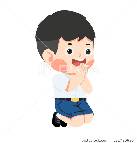 Kid is praying while sitting on the floor Kid is praying while sitting on the floor 121780656