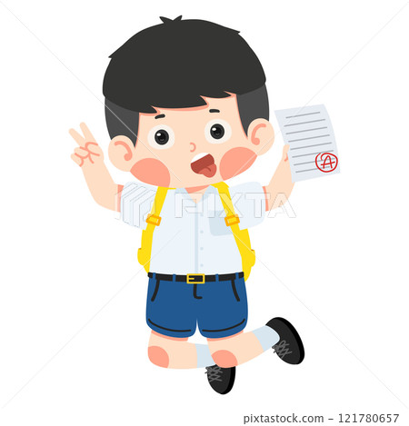 Boy student jump and feel happy because get good grade from exam 121780657