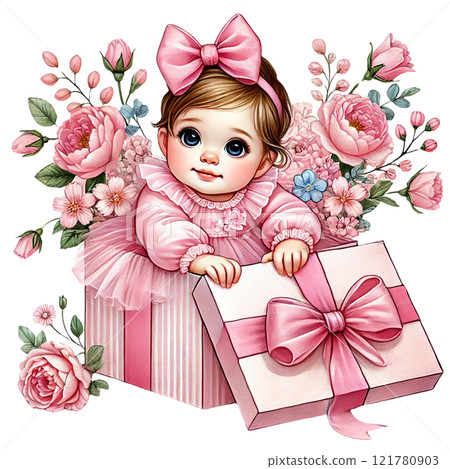 A cute baby girl in a gift box surrounded by pink flowers. Baby shower clipart cartoon A cute baby girl in a gift box surrounded by pink flowers. Baby shower clipart cartoon 121780903