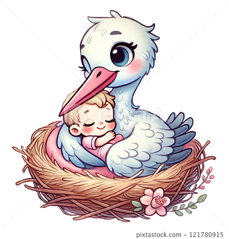 A stork lovingly cradles a sleeping baby in its nest. Baby shower clipart cartoon 121780915