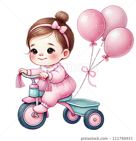 Cute baby riding a tricycle with pink balloons in hand. Baby shower clipart cartoon 121780931