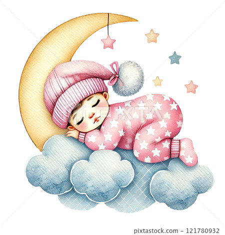Cute baby sleeping peacefully on a cloud under the moon. Baby shower clipart cartoon 121780932