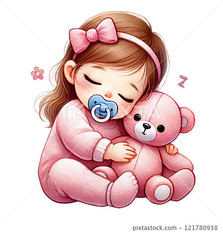 Cute toddler peacefully sleeping with a teddy bear and pacifier. Baby shower clipart cartoon Cute toddler peacefully sleeping with a teddy bear and pacifier. Baby shower clipart cartoon 121780938
