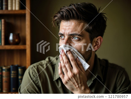 A man with a tissue in his hand, looking at the camera A man with a tissue in his hand, looking at the camera 121780957