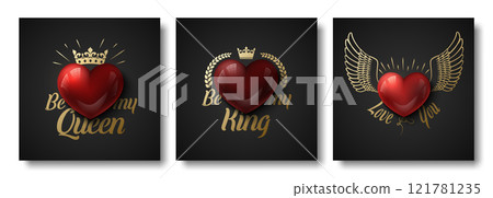 Valentines Day square social network post template set. Vector glossy red 3d heart with golden crown, wings, baloon and laurel wreath on black background. Be My Queen, Be My King, Love You lettering Valentines Day square social network post template set. Vector glossy red 3d heart with golden crown, wings, baloon and laurel wreath on black background. Be My Queen, Be My King, Love You lettering 121781235