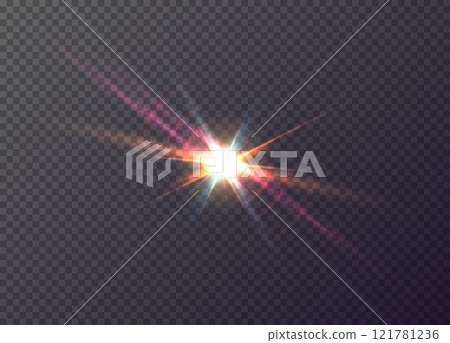 Vector multicolor front sun lens flare transparent special light effect. Abstract magic flare glow sunlight glare. Isolated starlight on translucent background. Star flash with rays and spotlight 121781236