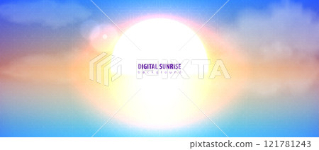 Sunrise tech modern background. Bright sun cloud landscape. Morning sky color geometrical pattern retro light effect. Sunlight abstract horizontal header banner. Sun center circle abstract background Sunrise tech modern background. Bright sun cloud landscape. Morning sky color geometrical pattern retro light effect. Sunlight abstract horizontal header banner. Sun center circle abstract background 121781243