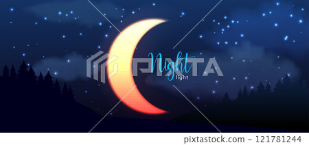 Moonlight night sky horizontal background with cloud half moon and stars. Nature forest vector landscape. Starlight light effect abstract header banner. Mystical holiday night cover design Moonlight night sky horizontal background with cloud half moon and stars. Nature forest vector landscape. Starlight light effect abstract header banner. Mystical holiday night cover design 121781244