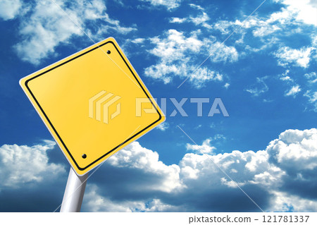 Yellow road sign, sky in background - 3D illustration 121781337