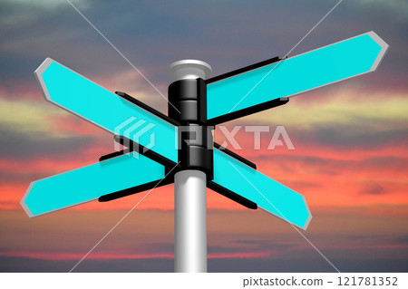 Signpost with blue arrows, sunset sky in background - 3D illustration 121781352