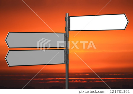 Signpost with white arrows, sunset sky in background - 3D illustration 121781361
