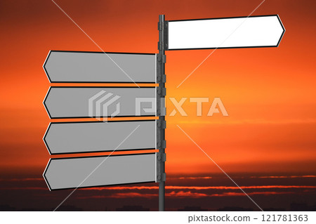 Signpost with white arrows, sunset sky in background - 3D illustration 121781363