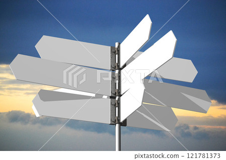 Signpost with white arrows, sky with clouds in background - 3D illustration 121781373