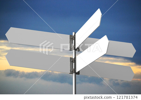 Signpost with white arrows, sky with clouds in background - 3D illustration Signpost with white arrows, sky with clouds in background - 3D illustration 121781374