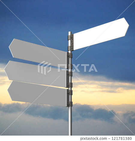 Signpost with white arrows, sky with clouds in background - 3D illustration 121781380