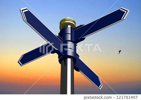 Signpost with black arrows, sunset sky in background - 3D illustration Signpost with black arrows, sunset sky in background - 3D illustration 121781407