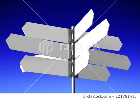 Signpost with white arrows, abstract blue sky - 3D illustration 121781413