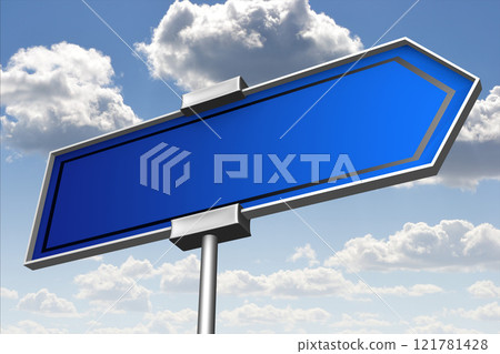 Signpost with blue arrow, sky in background - 3D illustration 121781428