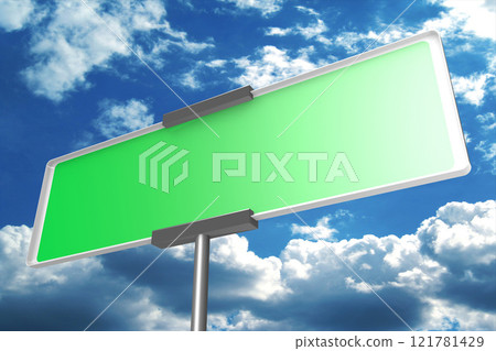 Green road sign, sky in background - 3D illustration 121781429