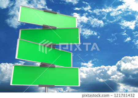 Green road sign, sky in background - 3D illustration 121781432