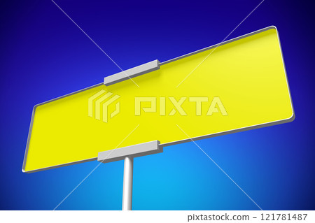 Yellow road sign, abstract blue sky - 3D illustration 121781487
