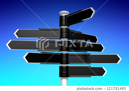 Signpost with black arrows, abstract blue sky 121781495