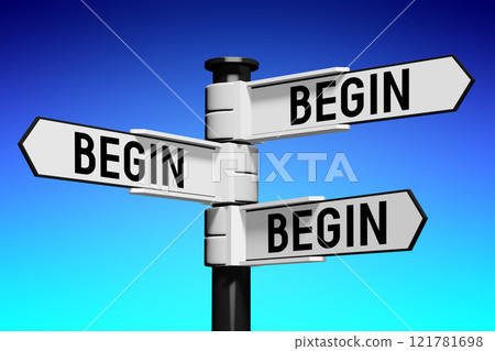3D illustration/ 3D rendering - signpost with three arrows - begin concept 3D illustration/ 3D rendering - signpost with three arrows - begin concept 121781698