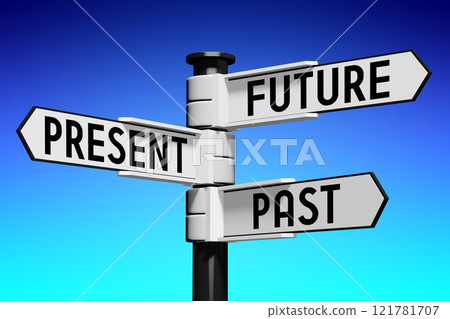 3D illustration/ 3D rendering - signpost with three arrows - time concept 121781707