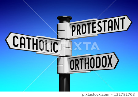 3D illustration/ 3D rendering - signpost with three arrows - religion concept 121781708