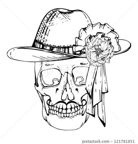 Cinco de Mayo human skull in hat, ribbon rosette, moustache. Mexican holiday Day of the Dead symbol. Hand drawn ink vector isolated illustration. Travel, vacation brochure, gift shop, fiesta ticket Cinco de Mayo human skull in hat, ribbon rosette, moustache. Mexican holiday Day of the Dead symbol. Hand drawn ink vector isolated illustration. Travel, vacation brochure, gift shop, fiesta ticket 121781851