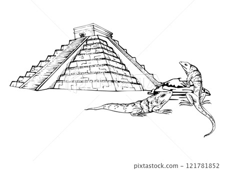 Mesoamerica Aztec Egyptian ancient monument, stone pyramid ruins heritage site, wild iguana lizards. Hand drawn ink vector illustration. Isolated single object. Design travel brochure, vacation tours Mesoamerica Aztec Egyptian ancient monument, stone pyramid ruins heritage site, wild iguana lizards. Hand drawn ink vector illustration. Isolated single object. Design travel brochure, vacation tours 121781852