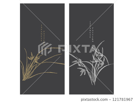 Hand drawn branch of orchid flower element with Orchid flower card designwith line pattern. Japanese pattern vector. Oriental decoration with logo design, flyer or presentation in vintage style. Hand drawn branch of orchid flower element with Orchid flower card designwith line pattern. Japanese pattern vector. Oriental decoration with logo design, flyer or presentation in vintage style. 121781967