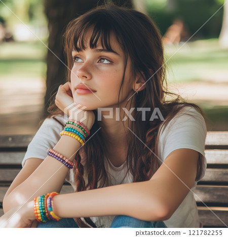A woman sitting on a park bench 121782255