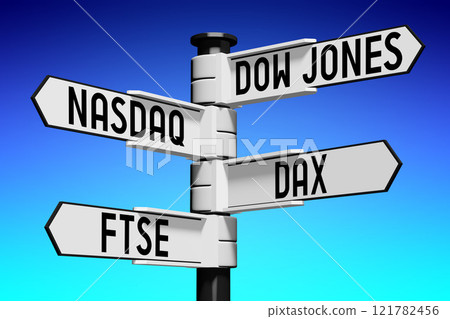 Dow jones, Nasdaq, Dax, Ftse - signpost - 3D illustration 121782456
