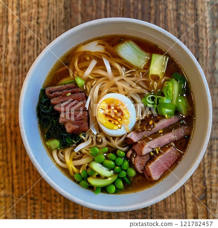 Bowl of ramen with beef, egg, and vegetables on wooden table.  121782457