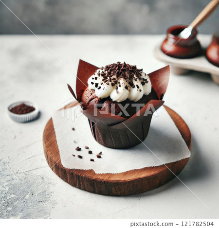 Chocolate muffin on a wooden stand covered with white paper Chocolate muffin on a wooden stand covered with white paper 121782504